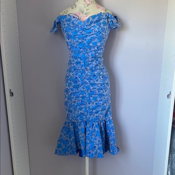 Theia Blue and White Off-Shoulder Sheath Dress - Picture 1 of 16